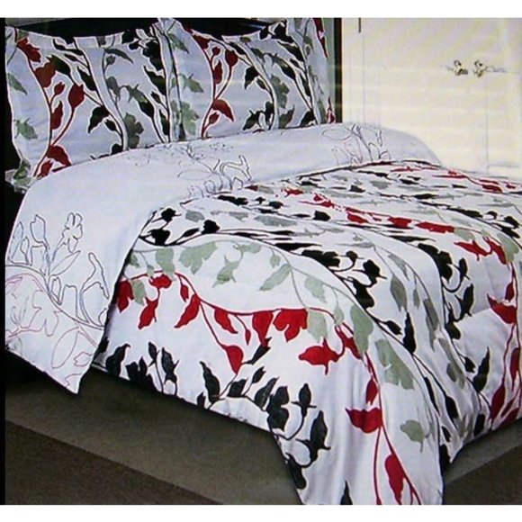 Duvet Cover & 1 Red Scrolling Vine Sham Twin Mini Set Printed Brush Bedding - Picture 1 of 11